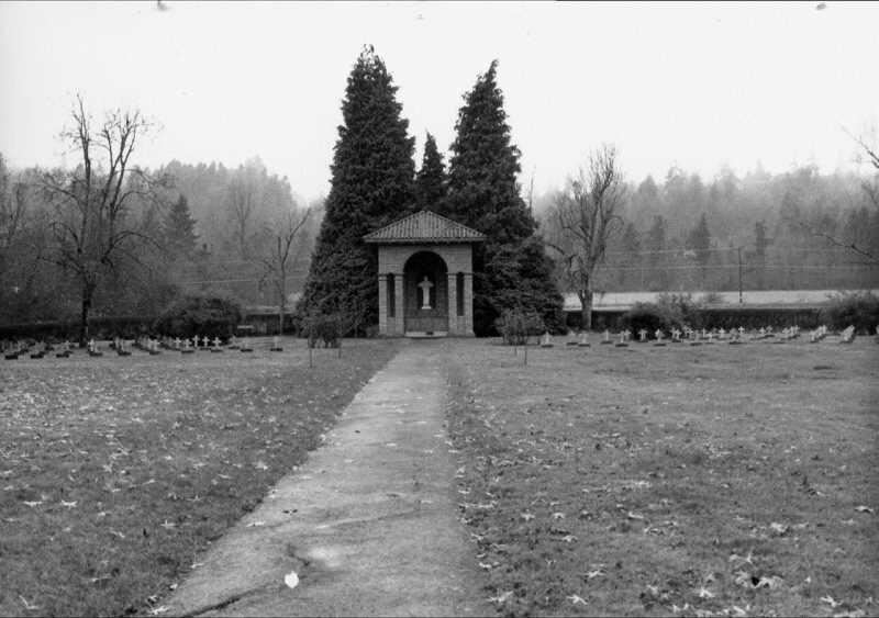 A Marylhurst altar and cemetery stand on what was part of the Walling family's donation land claim in a photo taken sometime after 1937.